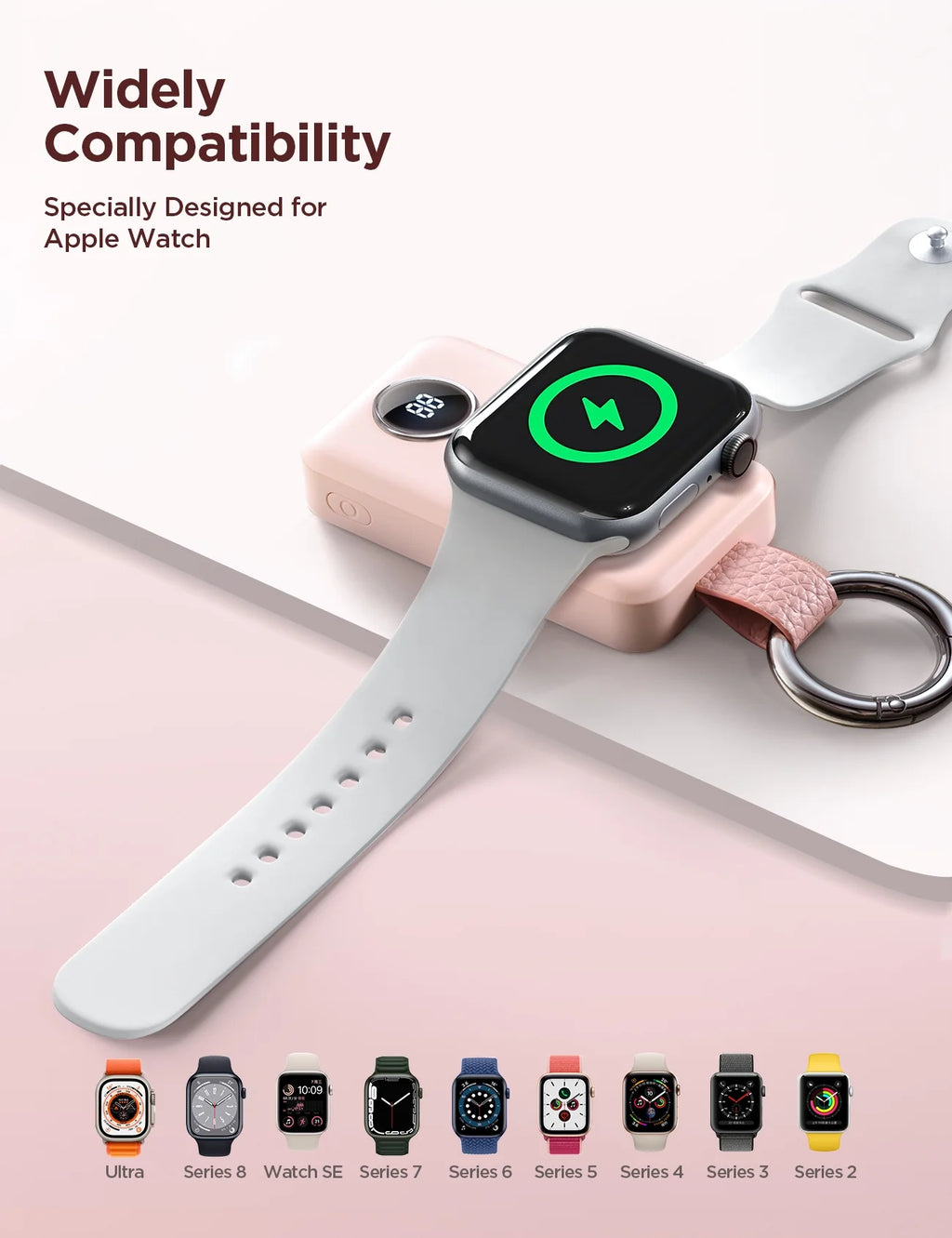 Cargador Portátil Para Apple Watch, Llavero Cargador Rápido Magnético Inalámbrico De 2000 Mah, Compatible Con Iwatch Series 9/8/7/6/5/Se/4/3/2/Ultra 2, Rosa