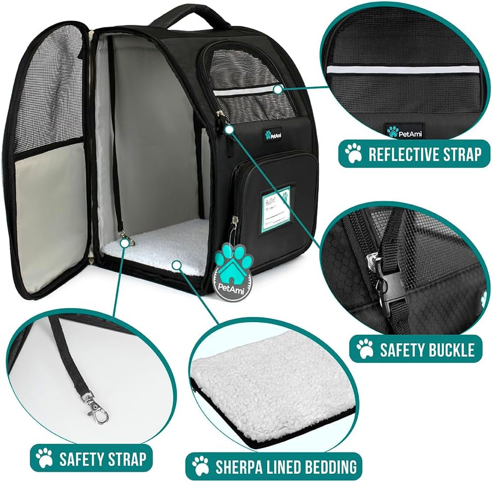 Deluxe Pet Carrier Backpack for Small Cats and Dogs, Puppies | Ventilated Design, Two-Sided Entry, Safety Features and Cushion Back Support | for Travel, Hiking, Outdoor Use