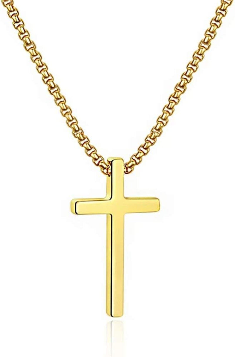 Easter Basket Stuffers - Cross Necklace for Men Teen Boys, Silver Black Gold Stainless Steel Plain Cross Pendant Necklace Box Chain 16-30 Inch