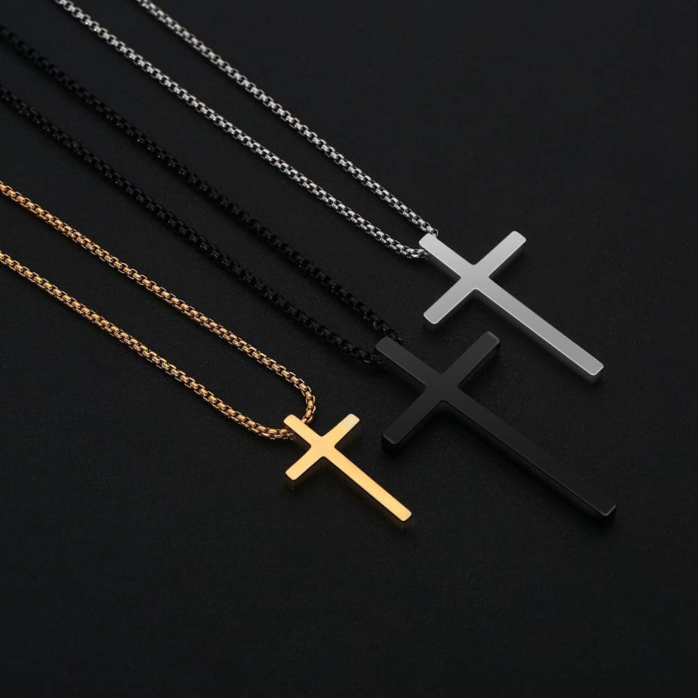 Easter Basket Stuffers - Cross Necklace for Men Teen Boys, Silver Black Gold Stainless Steel Plain Cross Pendant Necklace Box Chain 16-30 Inch