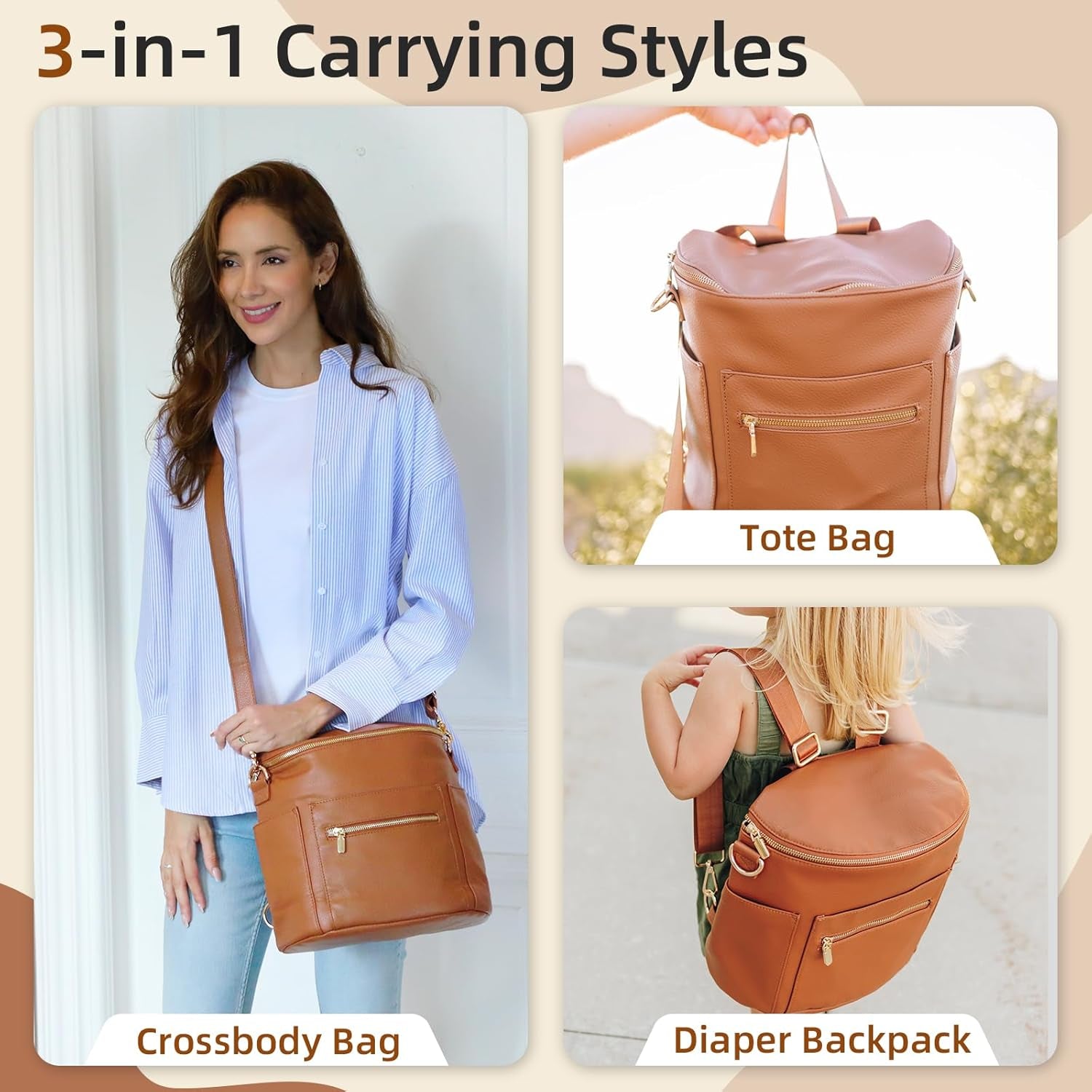 Small Diaper Bag Mini Diaper Bag by , Leather Diaper Bag Backpack with 13 Diaper Bag Organizers,2 Insulated Pockets, and Shoulder Strap(Brown)