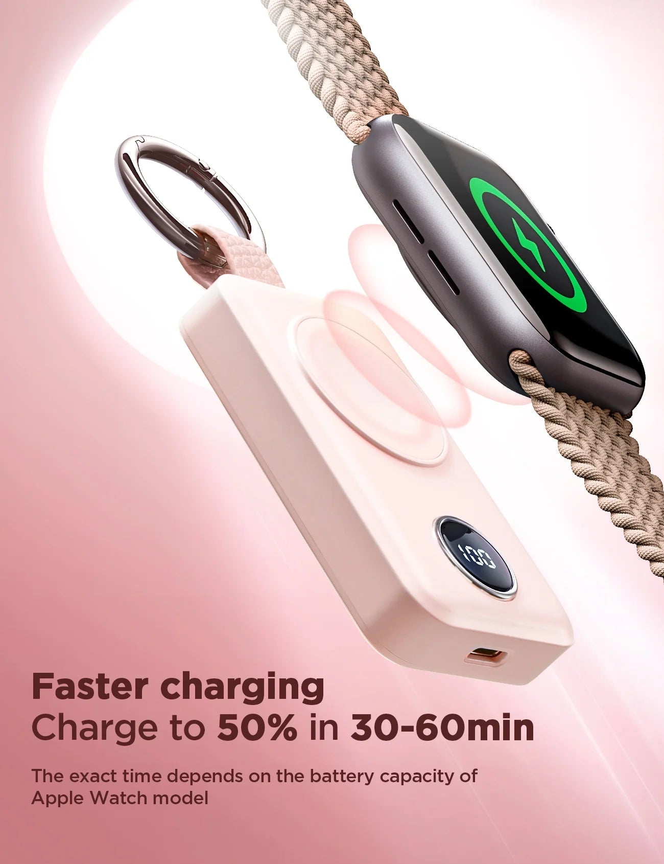 Cargador Portátil Para Apple Watch, Llavero Cargador Rápido Magnético Inalámbrico De 2000 Mah, Compatible Con Iwatch Series 9/8/7/6/5/Se/4/3/2/Ultra 2, Rosa
