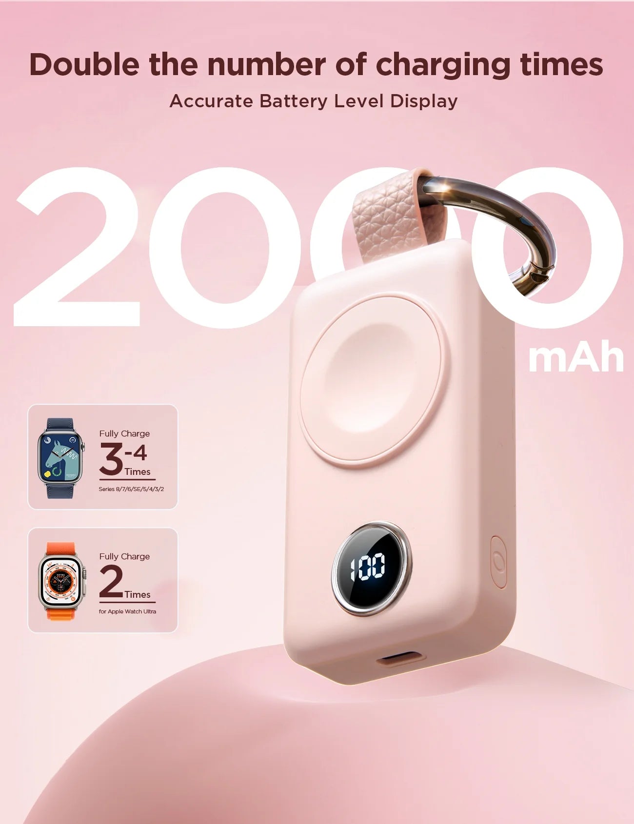 Cargador Portátil Para Apple Watch, Llavero Cargador Rápido Magnético Inalámbrico De 2000 Mah, Compatible Con Iwatch Series 9/8/7/6/5/Se/4/3/2/Ultra 2, Rosa